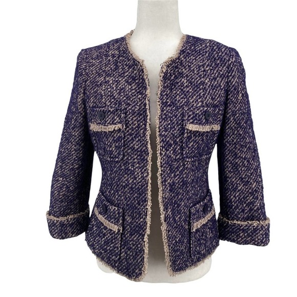 Talbots Navy Open Front Boucle Tweed Blazer Jacket - Picture 1 of 7